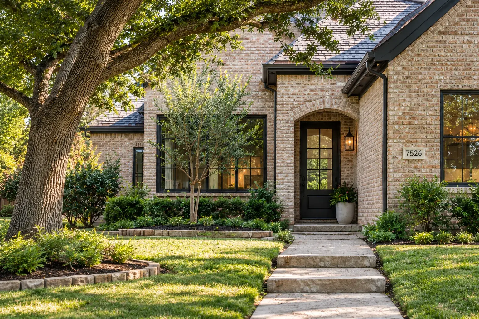 Brick home framed by mature trees and landscaped gardens