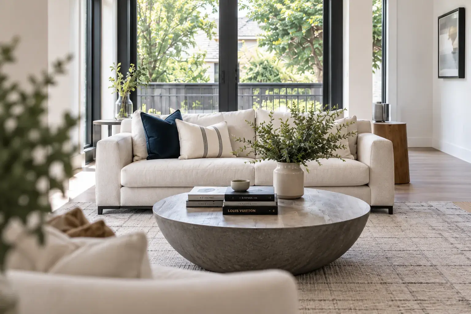Light-filled living room with a neutral sofa and garden views